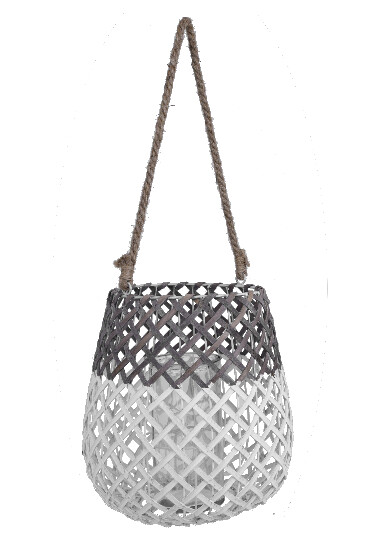 Wicker lantern with rope, grey-white, 27 x 27 x 31 cm | Ego Dekor