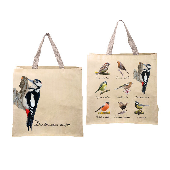 Taška nákupná Vtáčiky, pevná s textilnými úchopmi, obojstranná, s farebnou potlačou lesného a záhradného vtáctva s popismi, 39,5 x 14,5 x 40 cm|Esschert Design