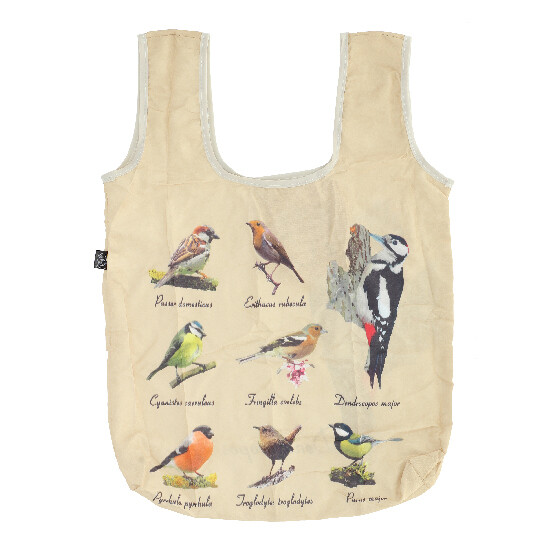 Taška skládací Ptáčci, lehce sbalitelná do přiloženého pouzdra, oboustranná, s barevným potiskem lesního a zahradního ptactva s popisy, 41 x 4 x 59,5 cm|Esschert Design