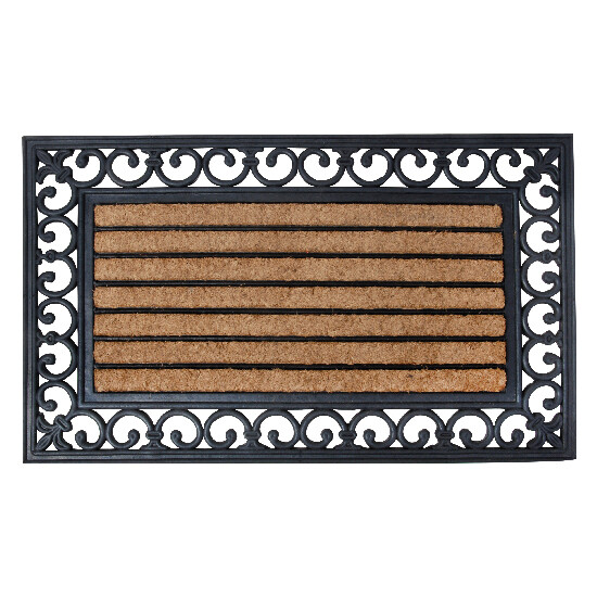 Gumová Rohožka "BEST FOR BOOTS" s kokosovým vláknem a ornamenty, černá, 75,5 cm x 45,5 cm|Esschert Design