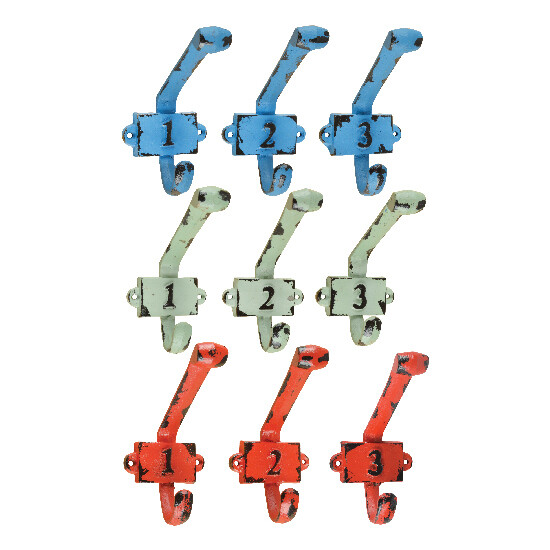 Jacket hook with a blue number, retro colors, package contains 9 pcs in 3 types of color design! (SALE)|Esschert Design