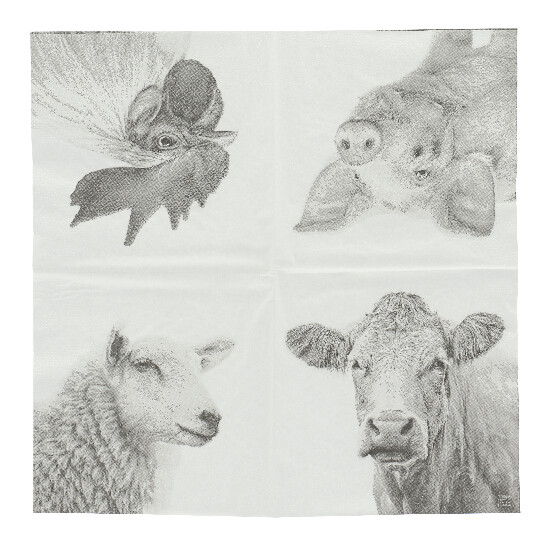 Napkins B&W Farm Animals, 17x17cm|Esschert Design