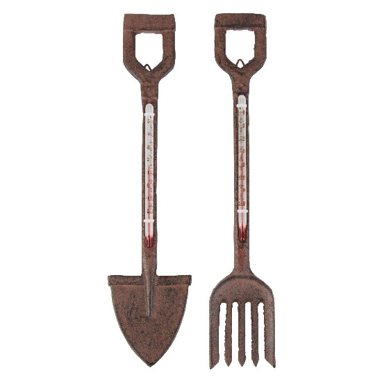 Thermometer "WORLD OF WEATHER", fork and spade long, cast iron, 5 x 1.5 x 26.5 cm, package contains 2 pieces! (SALE)|Esschert Design