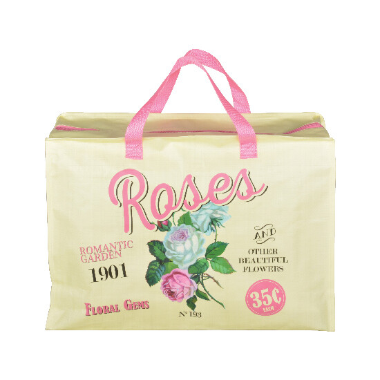 Shopping bag Rose, solid with zip closure, cream with colorful rose print and decorative inscriptions, 48 ??x 13.5 x 35 cm (SALE)|Esschert Design