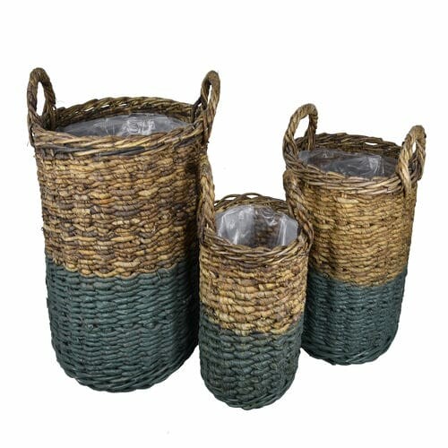 Basket with handles, abaca, green|olive/natural, diameter 57x65cm, S3 (SALE)|Van Der Leeden 1915