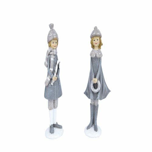 Dekorace dívka v zimním s hůlkou/věncem, šedá/stříbrná, 7x20x4,5cm, balení obsahuje 2 kusy!|Ego Dekor