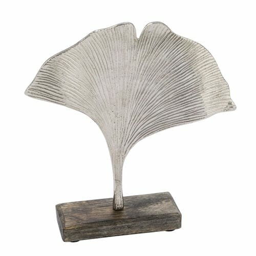 Dekorace list na podstavci kov/dřevo GINKO, stříbrná, 20x5x21,5cm (DOPRODEJ)|Ego Dekor