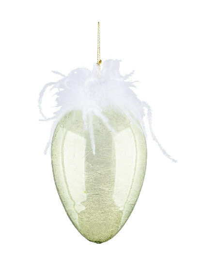 Egg with feathers for hanging, glass, green|white, diameter 10x16cm (SALE)|Ego Dekor