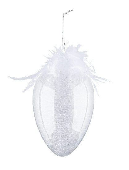 Egg with feathers for hanging, glass, white, diameter 13.5x22cm (SALE)|Ego Dekor