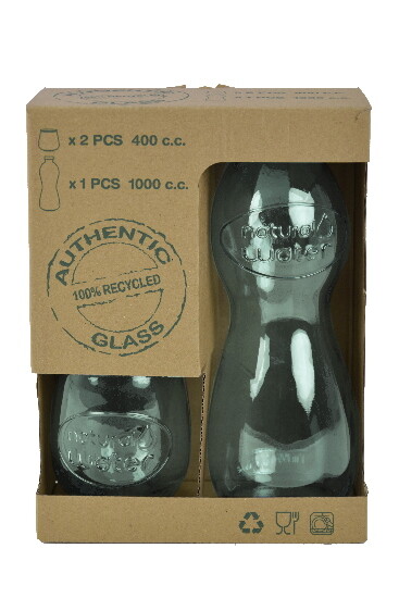Butelka ze szkła z recyklingu i 2 szklanki ze szkła ECO z recyklingu „WODA”, poj. zielony (opakowanie zawiera 1 zestaw)|Vidrios San Miguel|Szkło z recyklingu