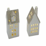 Domek ceramiczny, LED, biały/złoty, 7,5x6,5x13, opakowanie zawiera 2 sztuki! (WYPRZEDAŻ)|Ego Decor